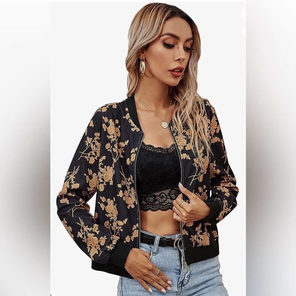 Long Sleeve Floral Print Baseball Bomber Jacket